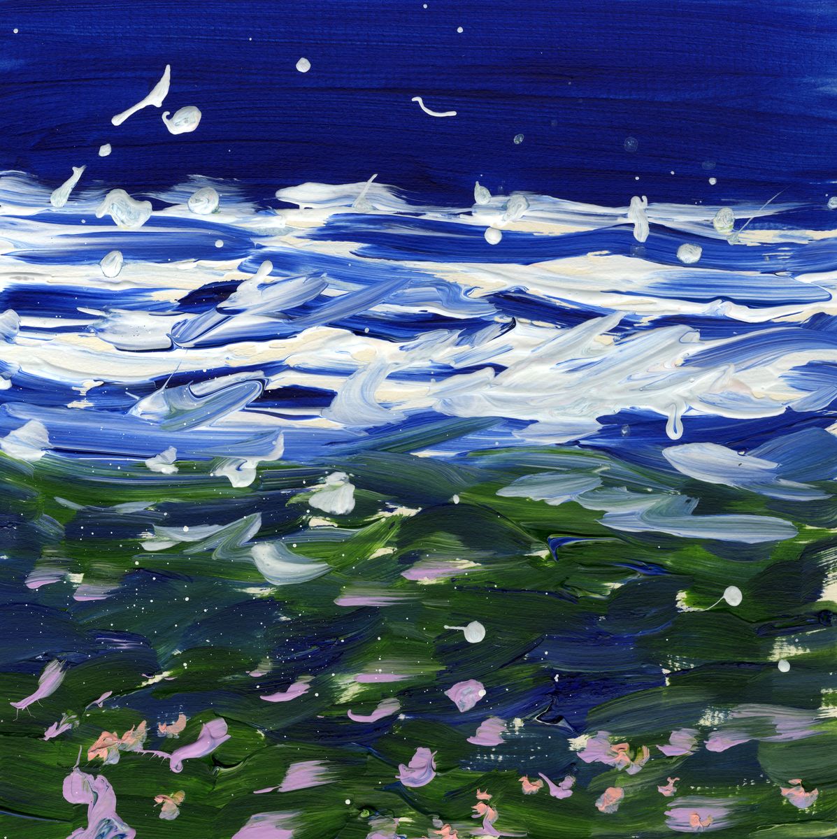 A print of an acrylic painting showing a blue and green sea by artist Jane Glue from Orkney, Scotland.