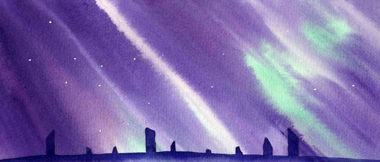 A print from a watercolour painting of The Ring of Brodgar at night by Orkney artist Jane Glue, Scotland
