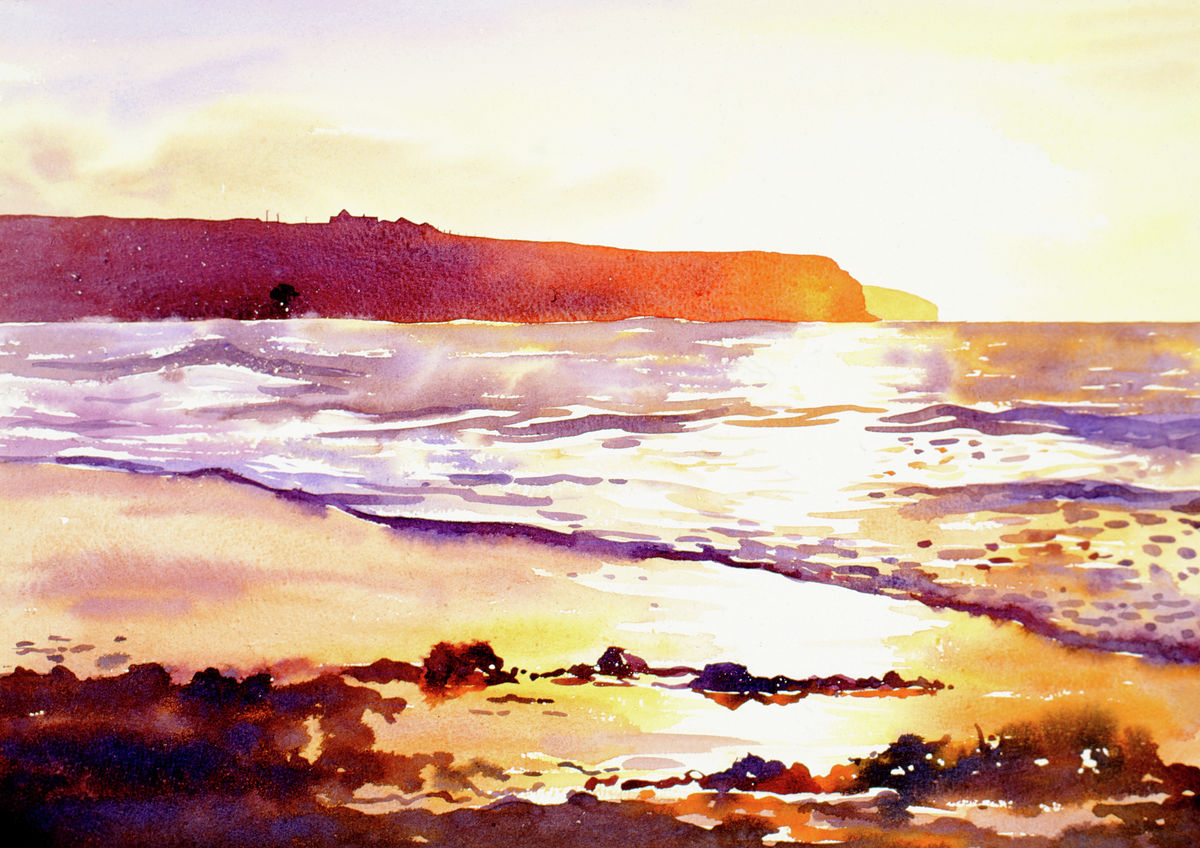 A print from a watercolour painting of a sunset on a Orkney beach by Orkney artist Jane Glue, Scotland