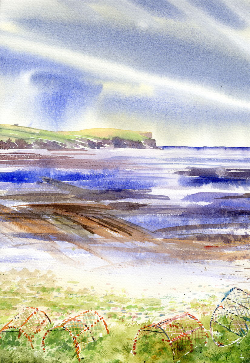 A print from a watercolour painting by artist Jane Glue from Orkney, Scotland showing marwick head in Birsay with fisherman's creels on the shoreline below.