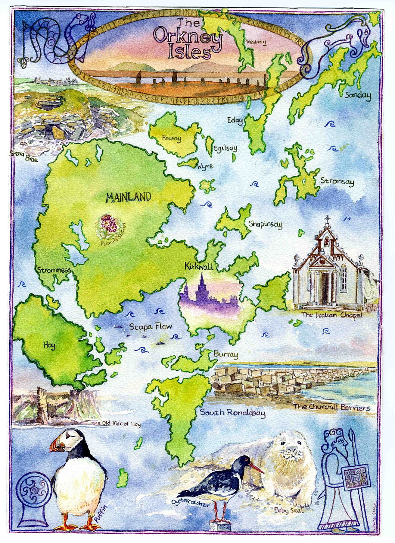 A print of an Orkney map with many of Orkneys attractions from a watercolour painting by Orkney artist Jane Glue, Scotland