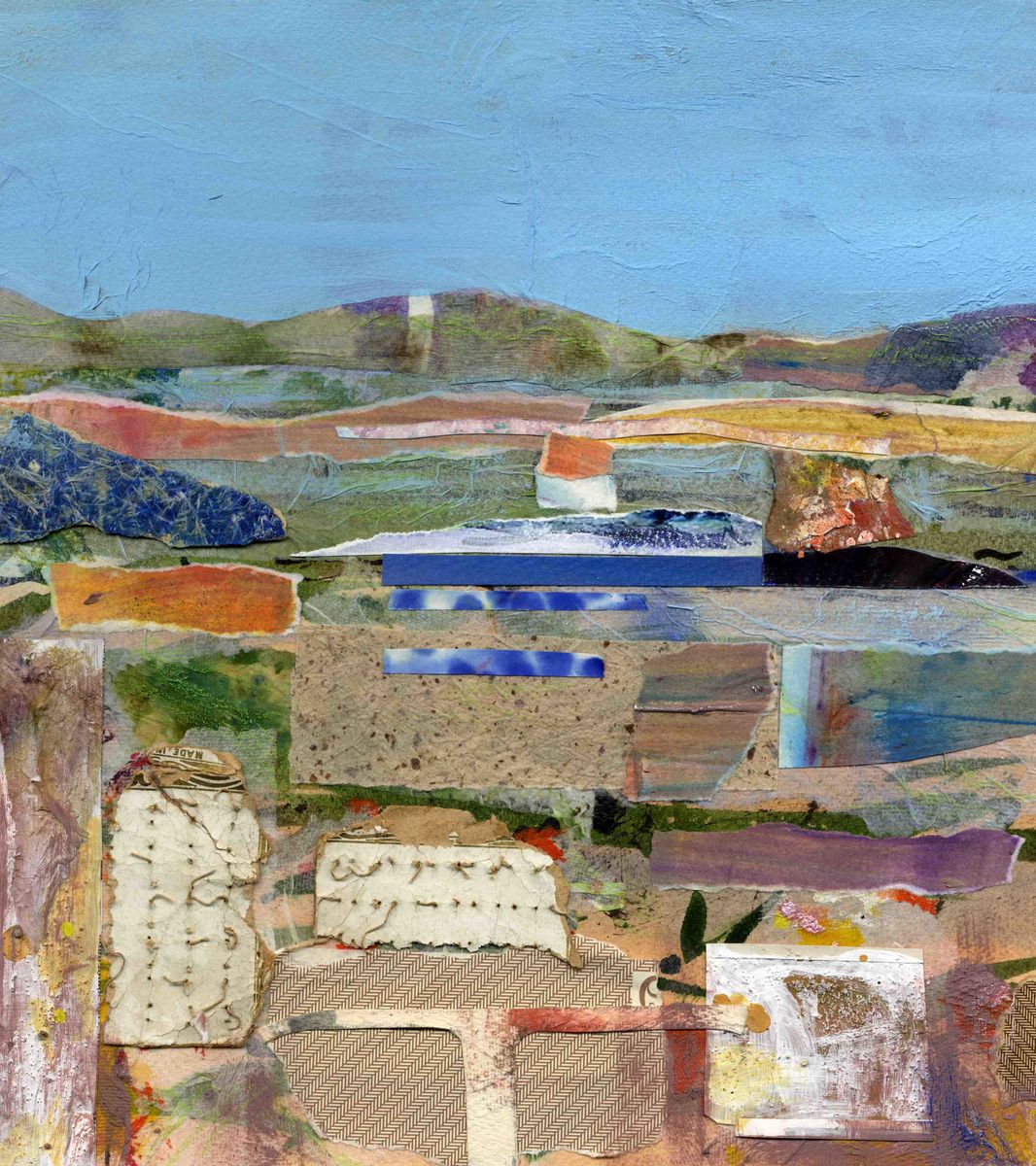 This mixed media picture by artist Jane Glue from Orkney, Scotland was created using collage to represent the landscape and fields of Orkney. I have used handmade papers and vintage knitting patterns in the foreground.