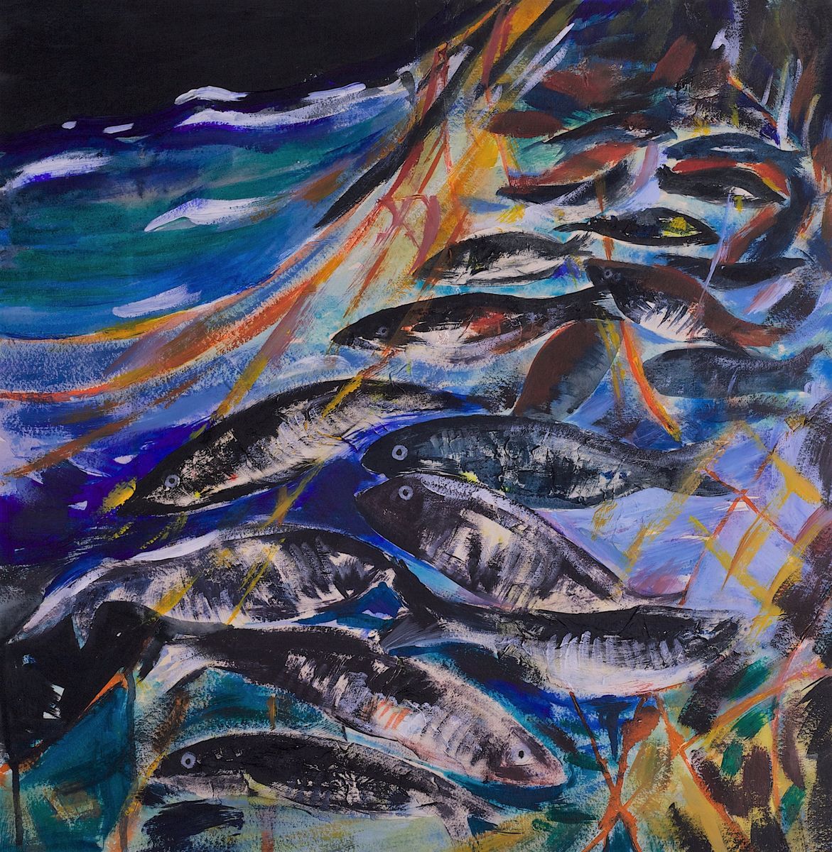 A print from an original acrylic painting of herring caught in nets below the sea by Scottish artist Jane Glue. 10% from the sales of this print will be donated to the charity of Sea Shepherd
