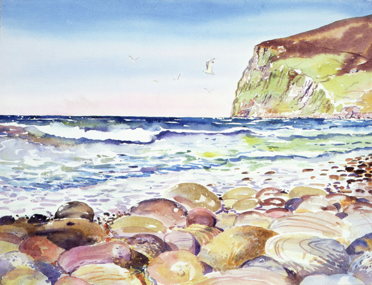 A print from a watercolour painting of the beach and large boulders at Rackwick in Hoy by Orkney artist Jane Glue, Scotland