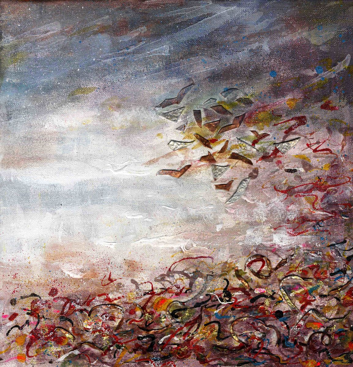 This very textured image painted by artist Jane Glue from Orkney, Scotland is on canvas. The bird shapes are made out of tiny bits of copper which have been over painted with splatters of bright red, pink and orange. The sea is a foaming swirl of white. 