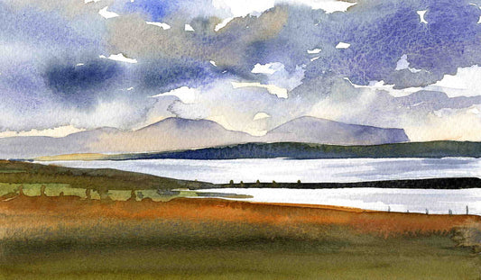 A print from a watercolour painting of the Orkney landscape with the hoy hills and Stenness and Harray lochs below by Orkney artist Jane Glue, Scotland