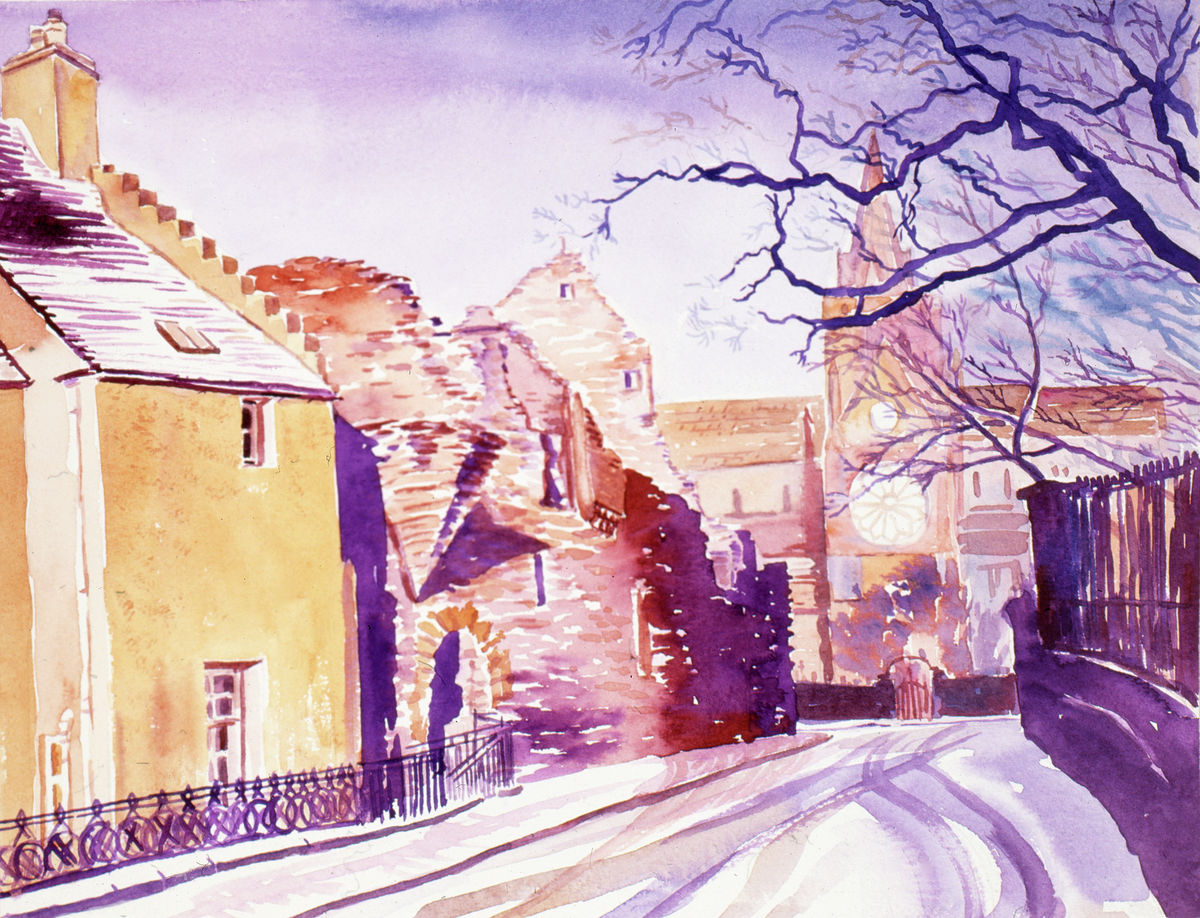 Limited edition print/Snow in Kirkwall with the Bishop's palace and St Magnus cathedral