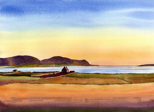 A print taken from a watercolour painting of The Hoy hills and clestrain with Dr John Rae's birthplace at sunset by Orkney artist Jane Glue, Scotland