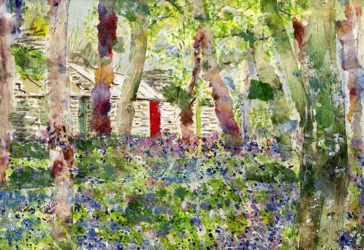 A print from a mixed media painting of the trees and old cottage at Happy valley in Stenness by artist Jane Glue from Orkney, Scotland