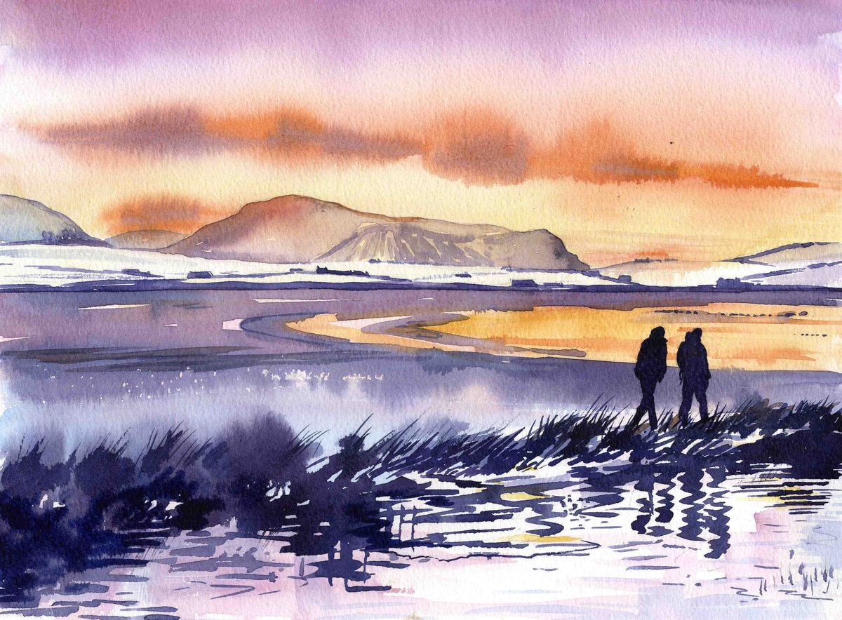 A print from a watercolour painting of The Hoy Hills and Stenness loch in the snow at sunset with two figures silhouetted against the loch by Orkney artist Jane Glue, Scotland