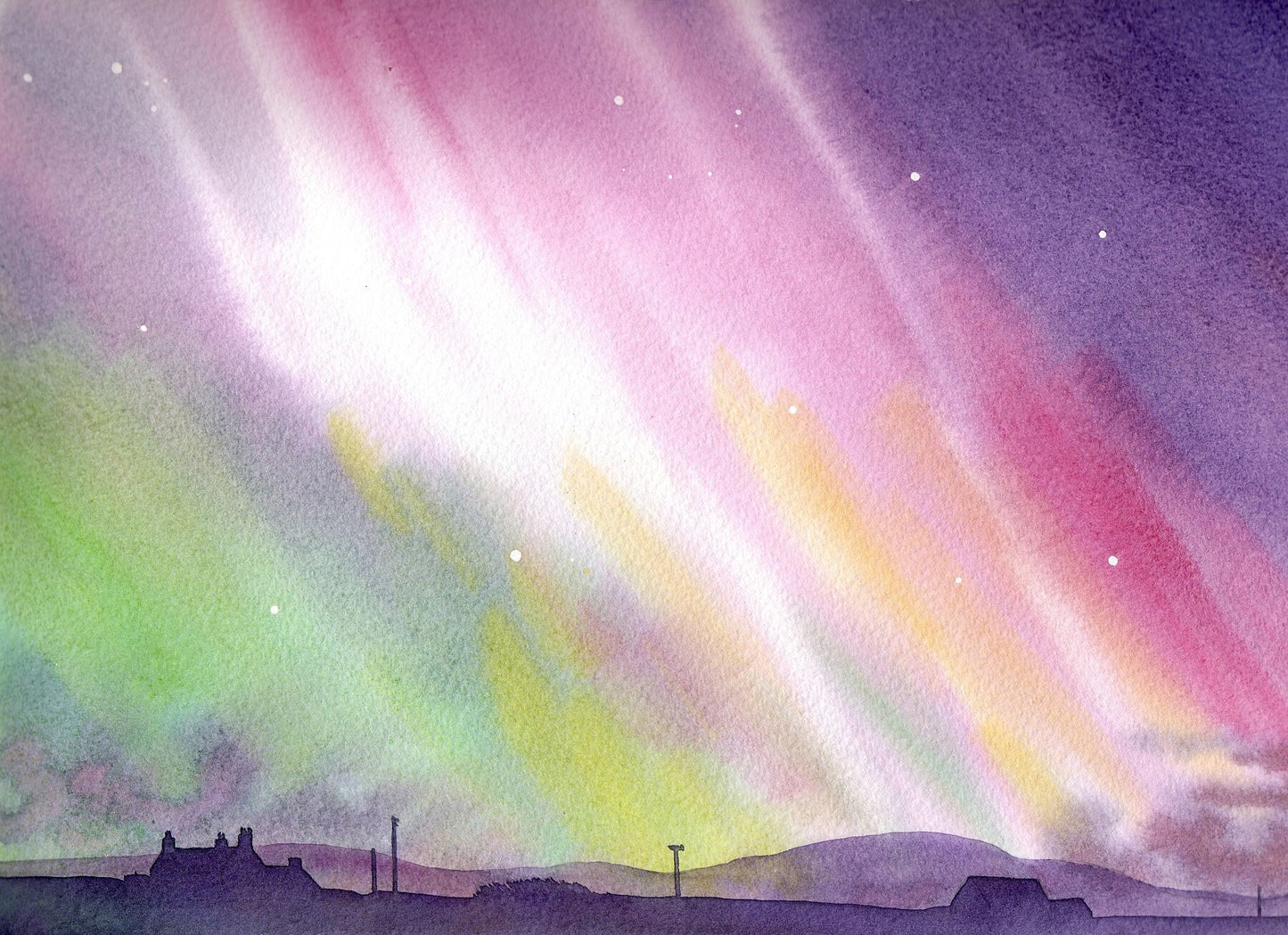 A print from a watercolour painting of the northern lights by Orkney artist Jane Glue, Scotland