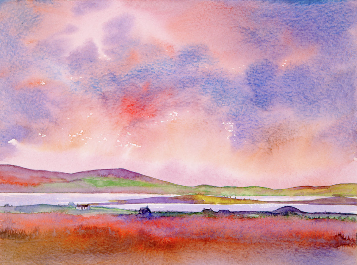 A print from a watercolour painting of a sunset over the neolithic tomb of Maeshowe by Orkney artist Jane Glue, Scotland