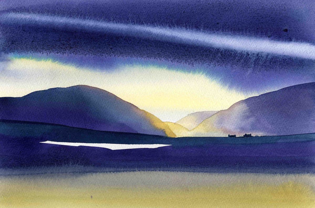 A print from a watercolour painting of The Hoy Hills in a rainstorm by Orkney artist Jane Glue, Scotland
