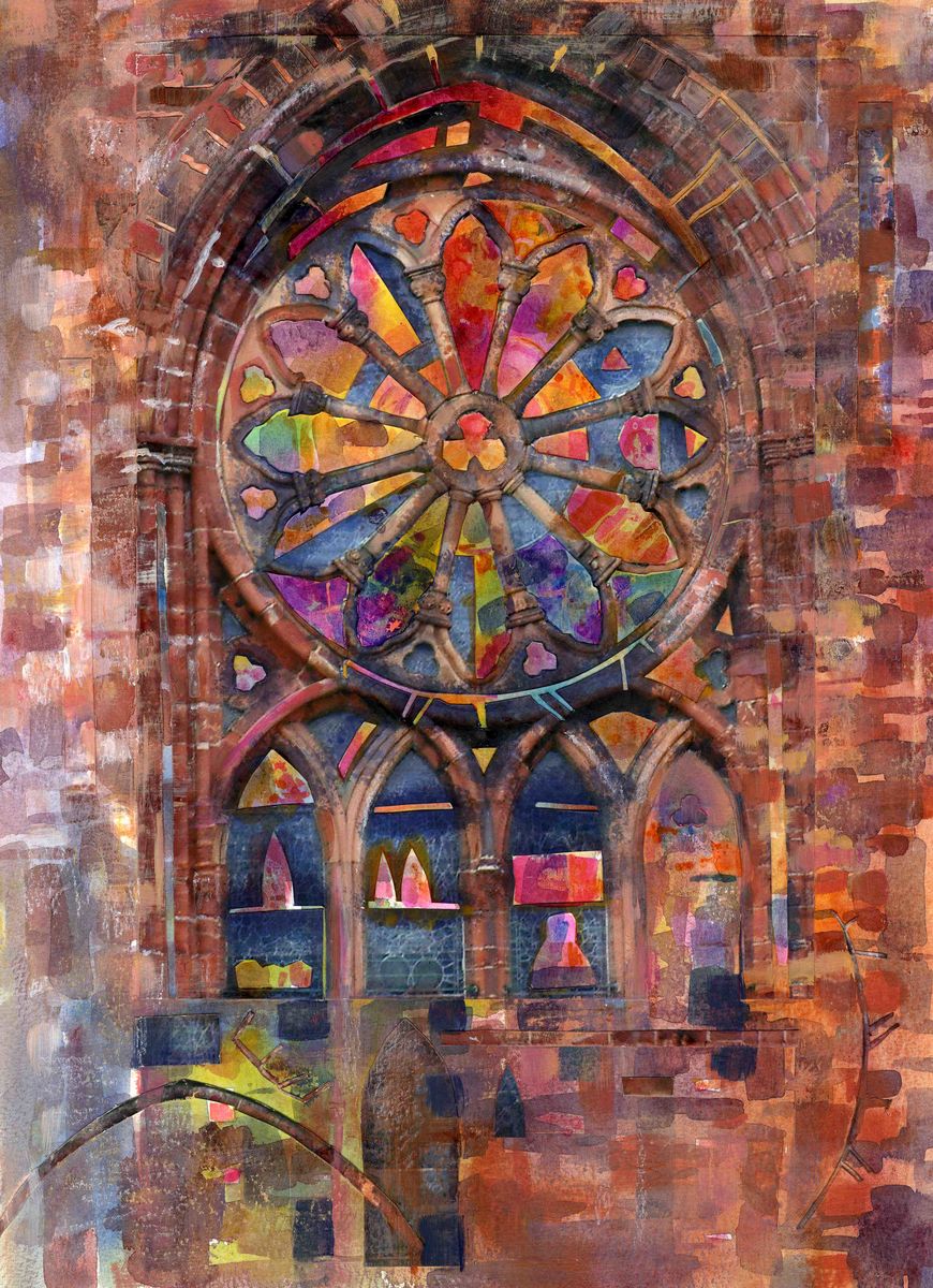 A print from a mixed media painting of the window in St Magnus cathedral by Orkney artist Jane Glue, Scotland