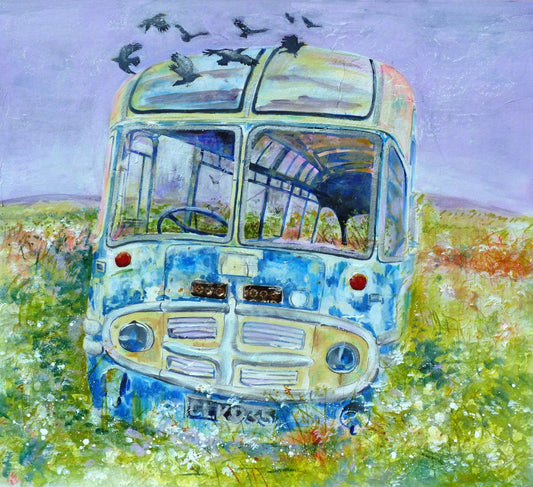 A print from a mixed media painting by artist Jane Glue from Orkney, Scotland showing an old bus sitting in a field of wild grass and a flock of blackbirds flying above the bus situated on the island of Hoy.