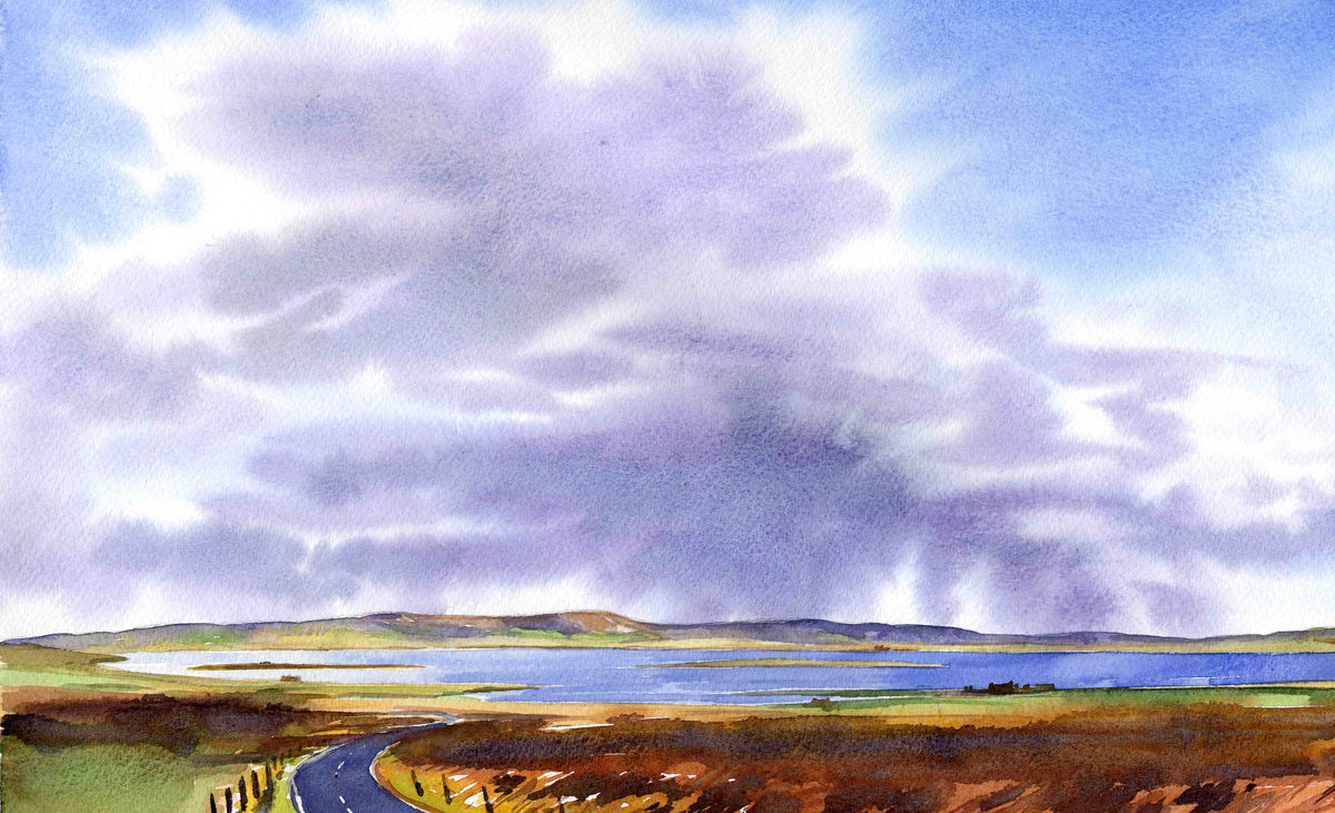 This print from a watercolour painting by artist Jane Glue from Orkney, Scotland is of a winter sky over Finstown bay in Orkney.