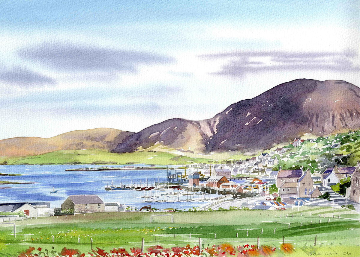 A print from a watercolour painting of Stromness with The Hoy Hills in the background by Orkney artist Jane Glue, Scotland
