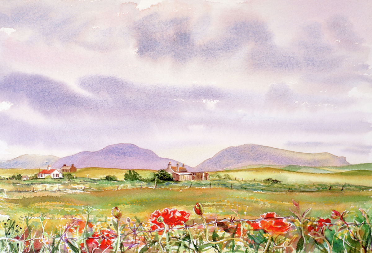 A limited edition print from a watercolour painting of Harray in Orkney by Orkney artist Jane Glue, Scotland