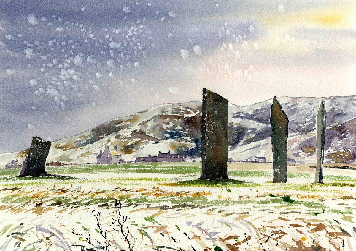 A print from a watercolour painting of The Standing Stones in the snow by Orkney artist Jane Glue, Scotland