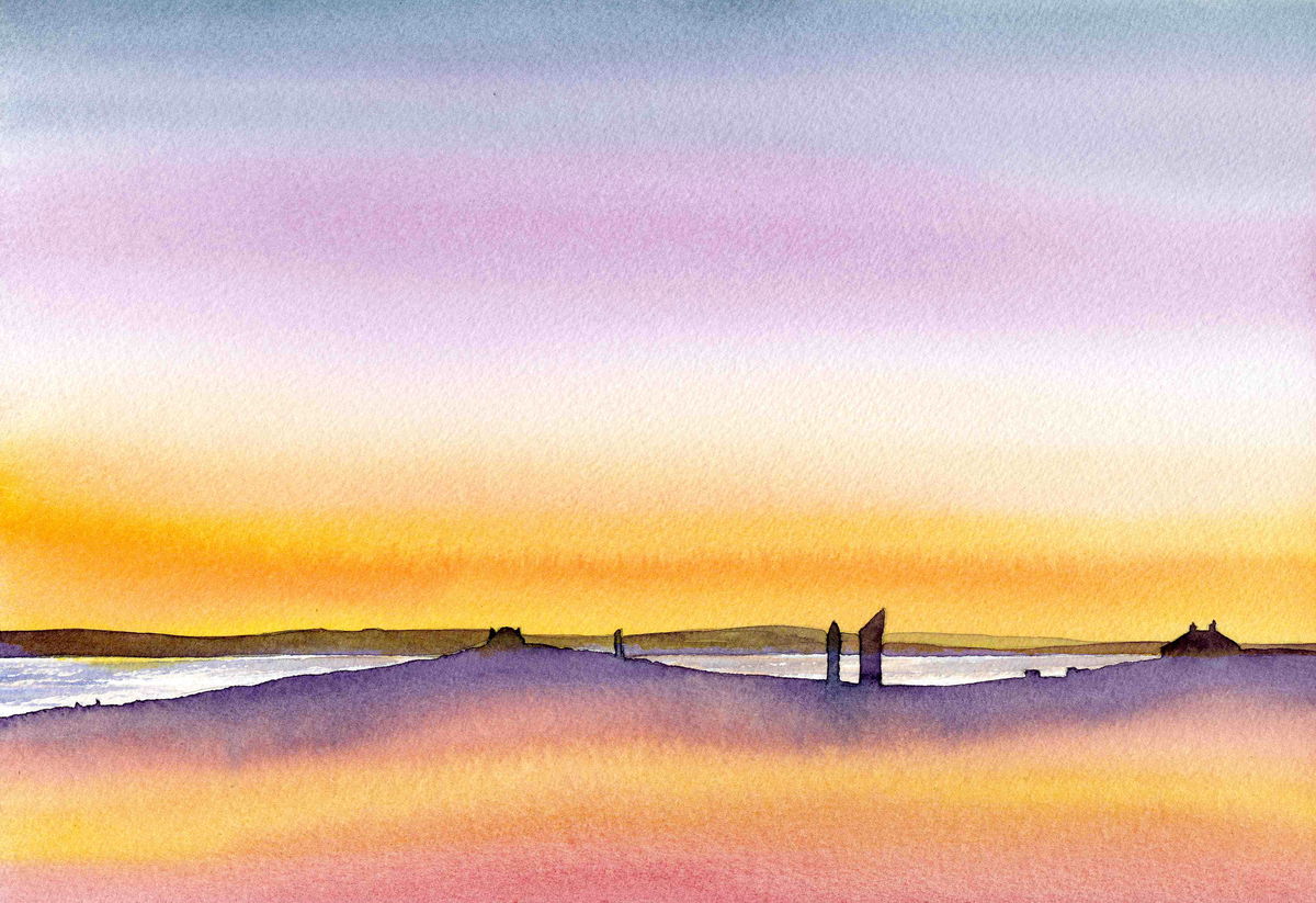 Limited edition print/Purple sunset with The Standing Stones of Stenness