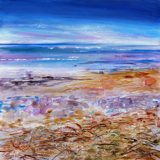 A limited edition print from an acrylic painting of the shoreline by Orkney artist Jane Glue, Scotland