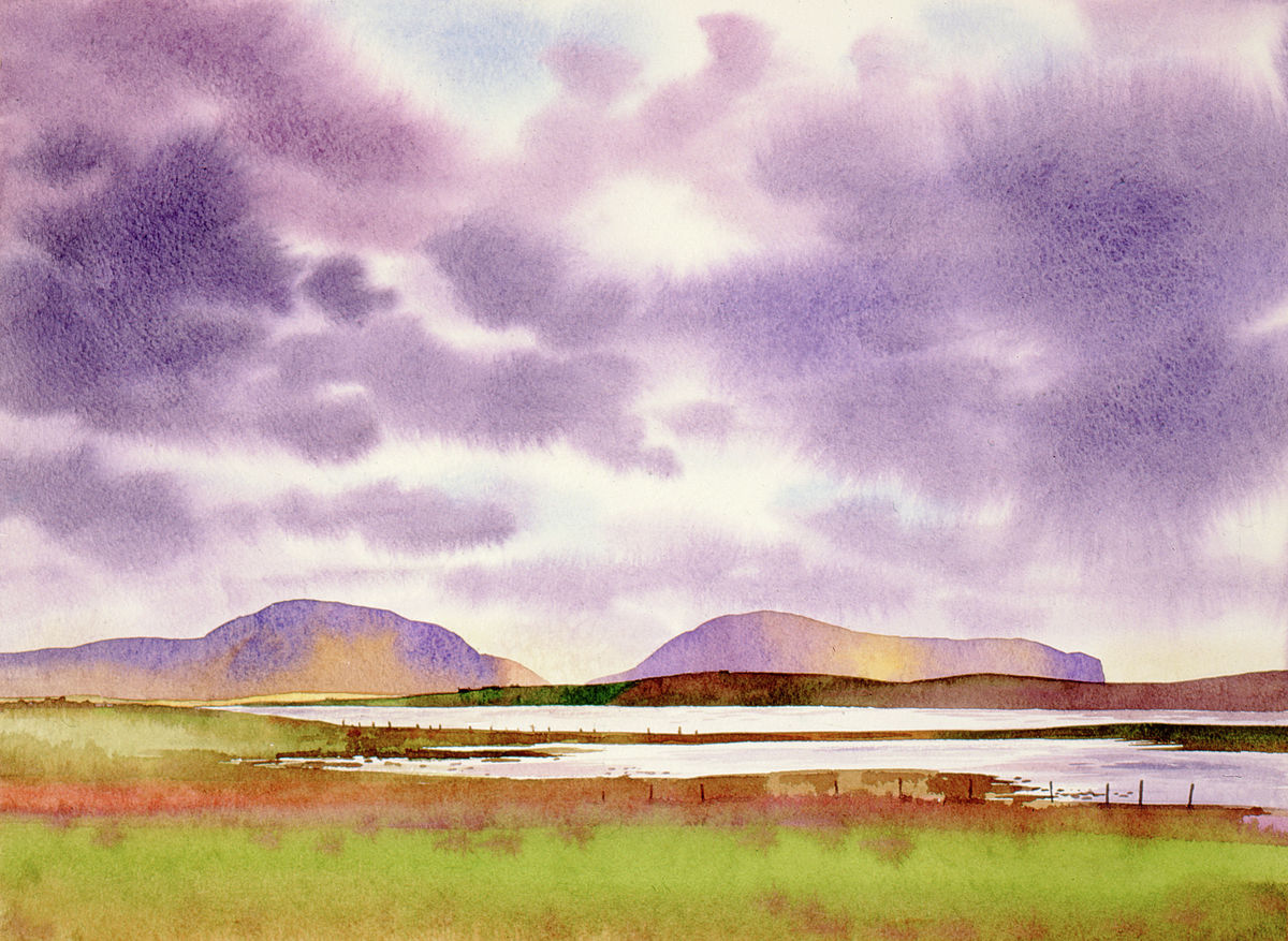 A print from a watercolour painting by artist Jane Glue from Orkney, Scotland of an orkney landscape showing stenness loch with the hoy hills in the background.