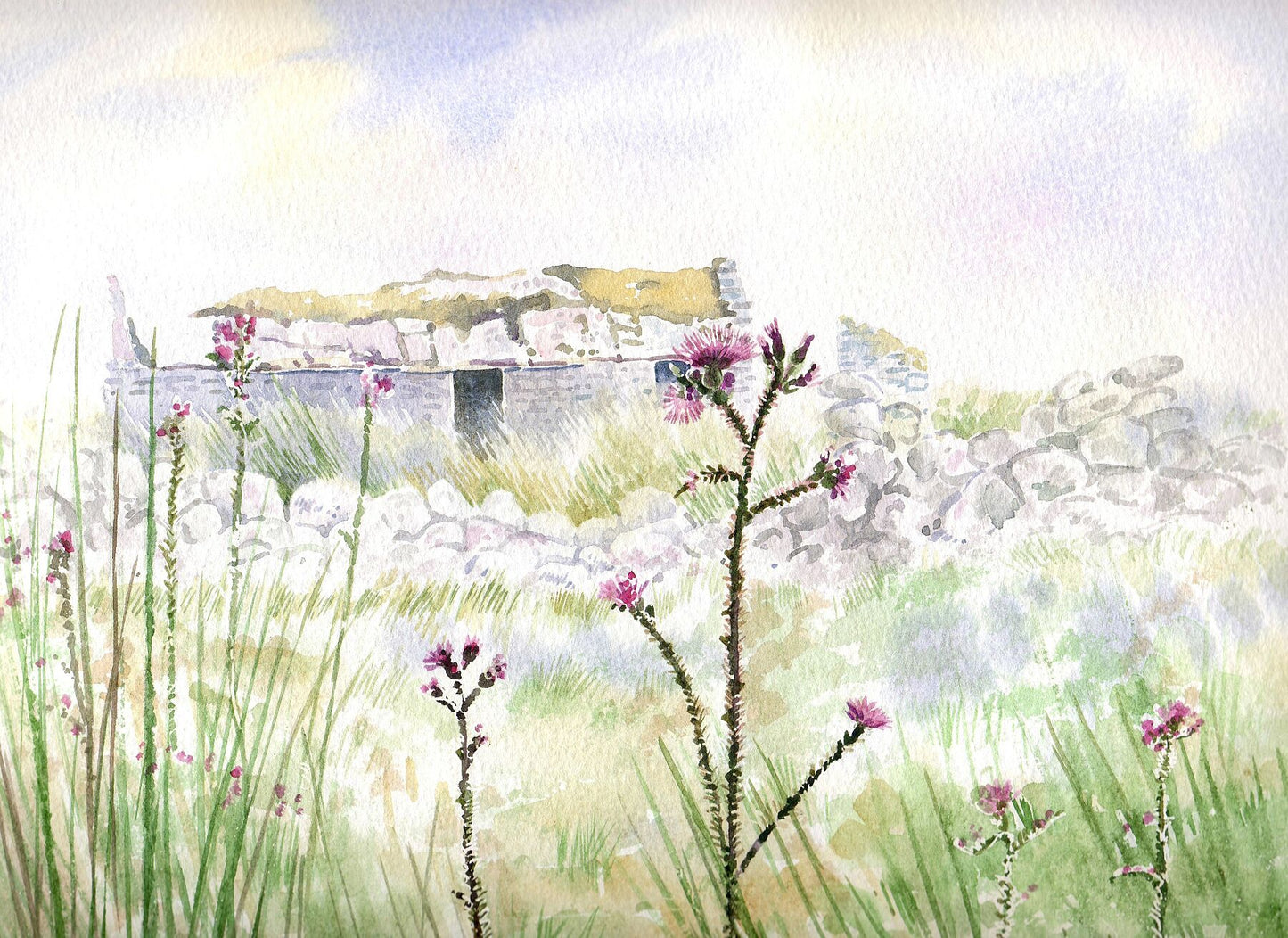 Limited edition print/Cottage and thistles in the mist