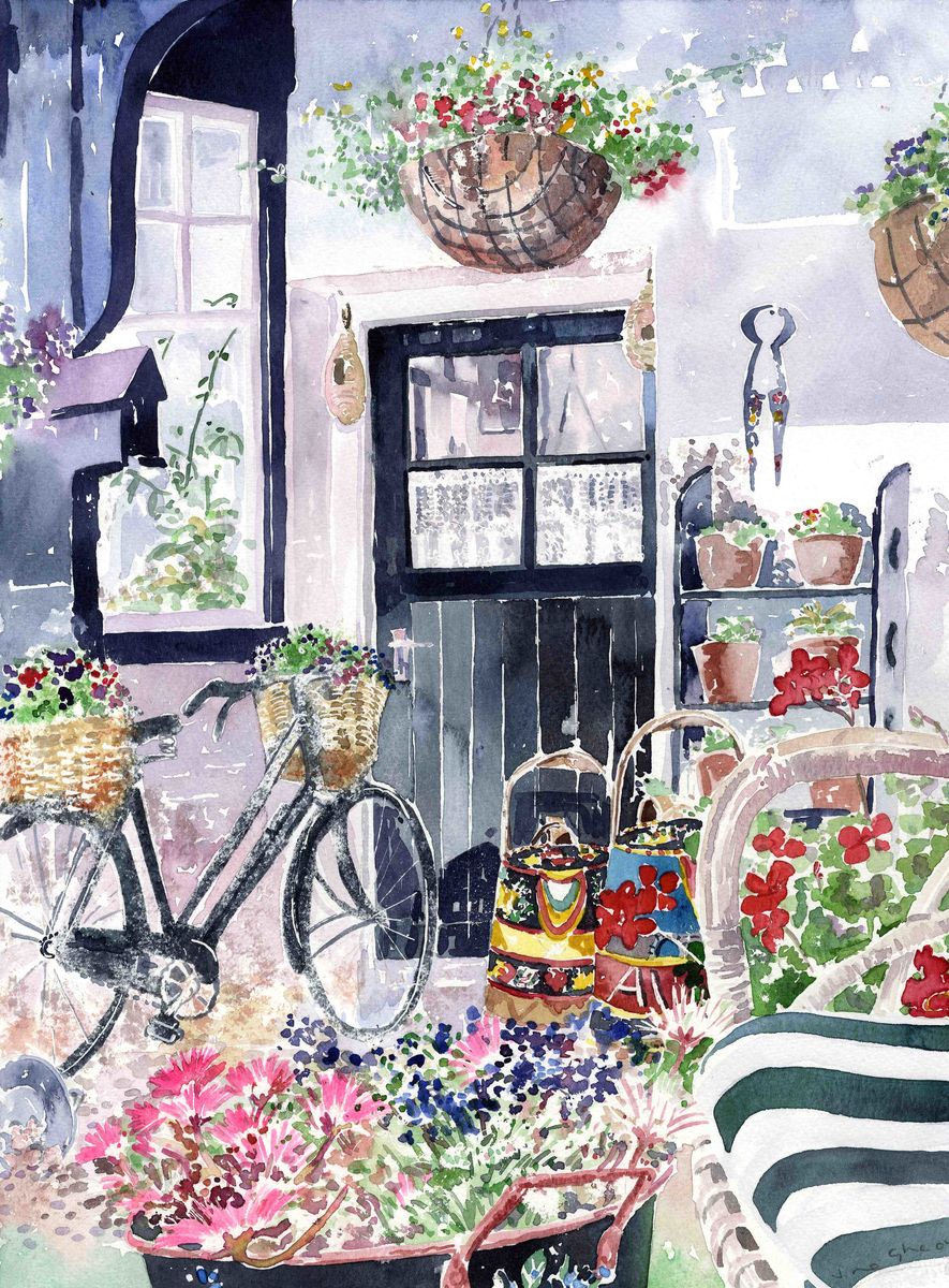 A limited edition print  from a watercolour painting of canal ware, old bicycle and flowers outside a cottage near Inverness, Scotland by Orkney artist Jane Glue