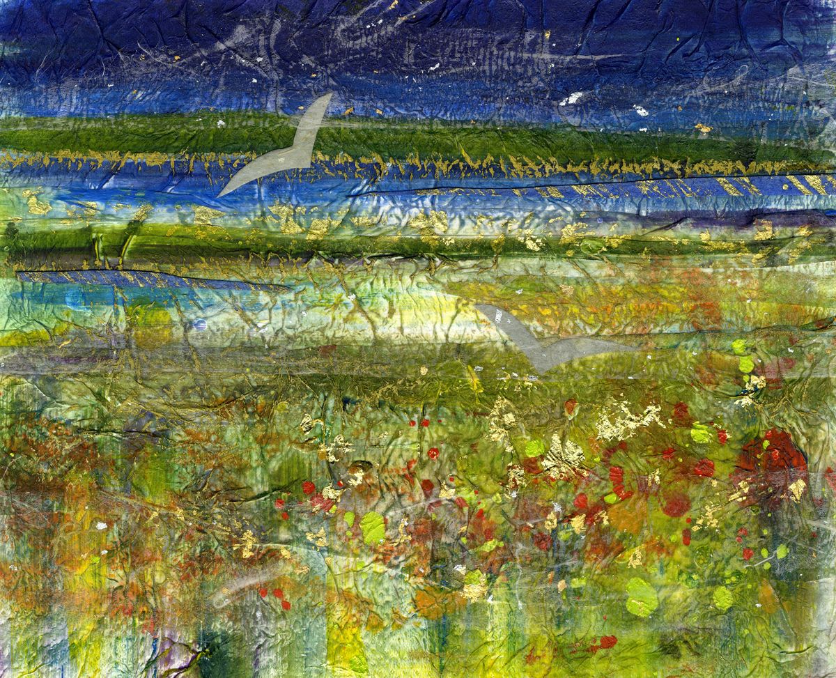 A print from a mixed media painting of an Orkney landscape with gull by Orkney artist Jane Glue, Scotland
