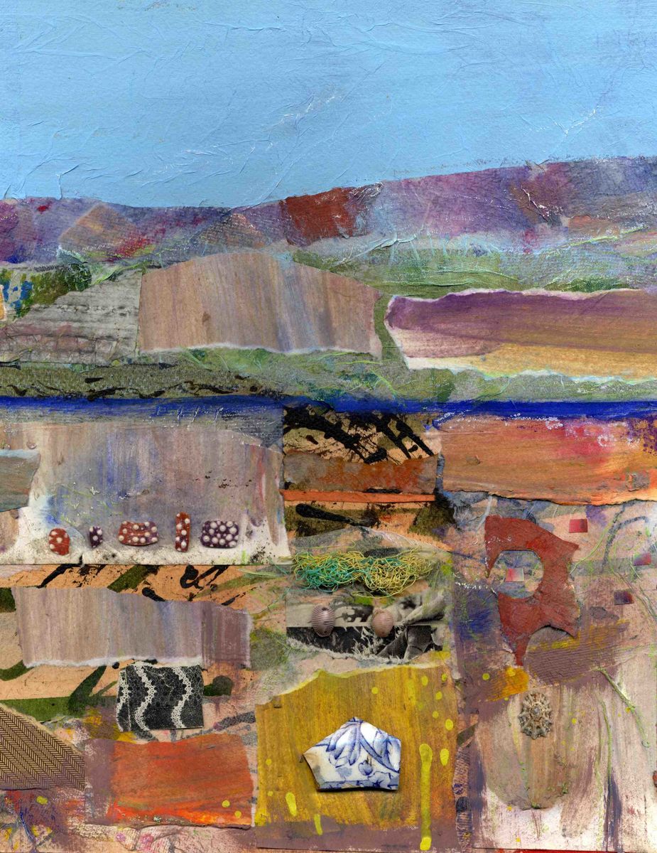 This mixed media landscape painting by artist Jane Glue from Orkney, Scotland has a bright blue sky along with collage for the landscape below. In amongst the vintage papers are groatie buckie shells and sea urchin along with old crockery from the shore and yellow and green string.