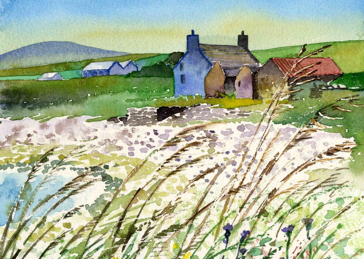 A print from a watercolour painting of a cottage and grasses by Orkney artist Jane Glue, Scotland