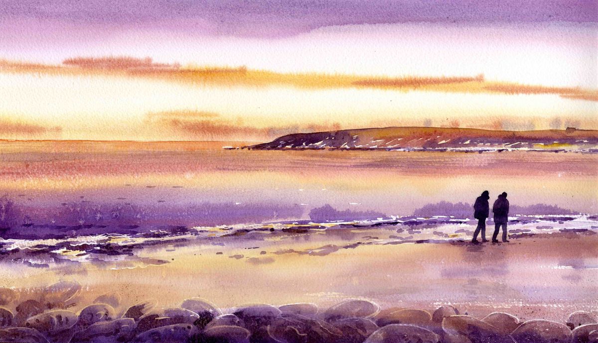A print from a watercolour painting of a sunset at Skaill beach by Orkney artist Jane Glue, Scotland