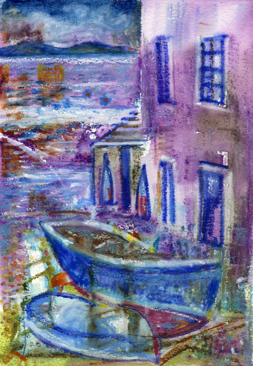 A print from a semi abstract mixed media painting of an old fishing boat against a house in Stromness harbour by artist Jane Glue from Orkney, Scotland