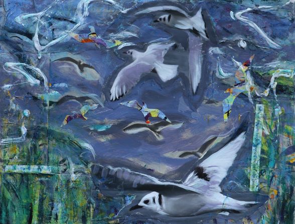 Original painting framed/Flock of seagulls hidden amongst the dark blue clouds