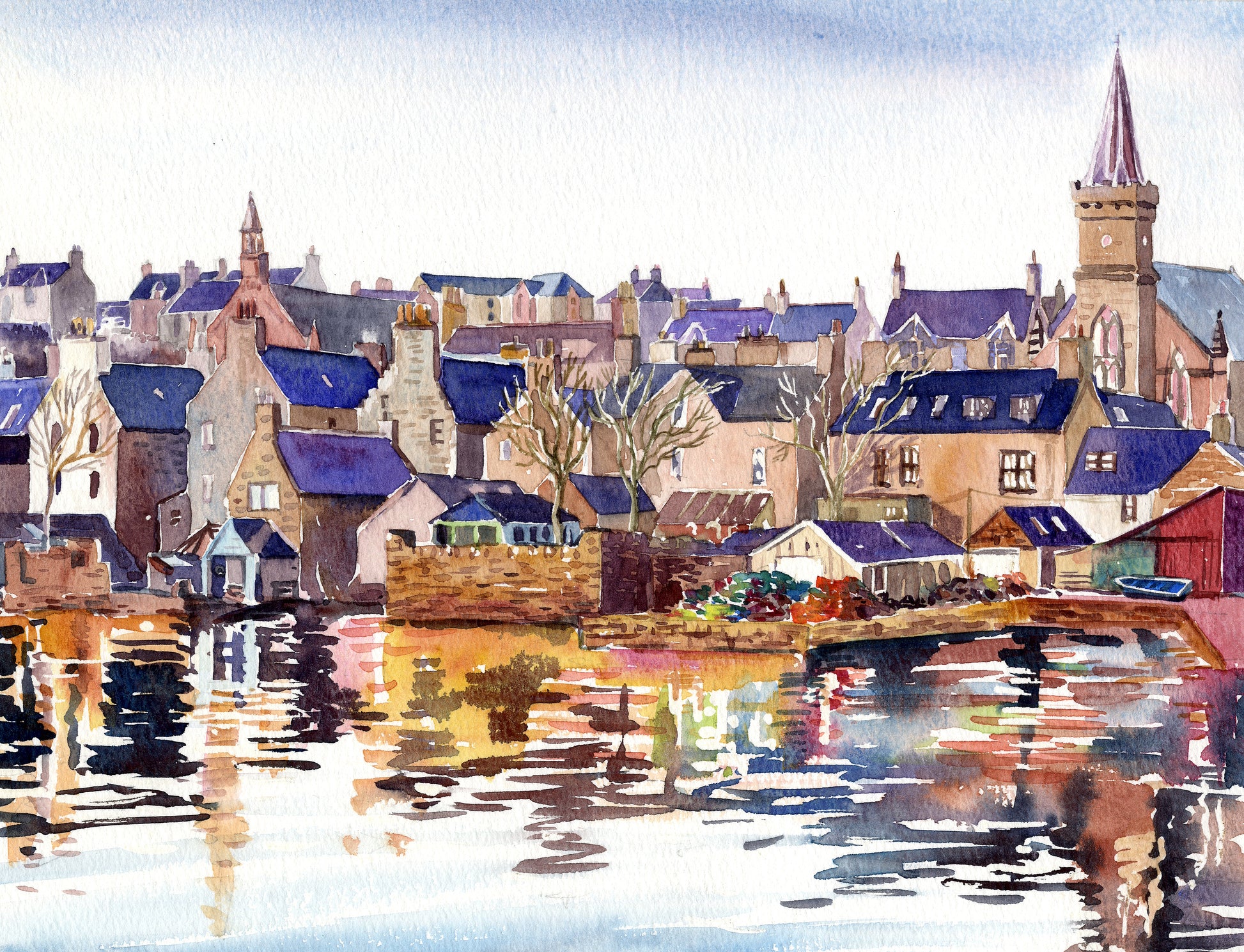 A print from a watercolour painting of the town, Stromness by Orkney artist Jane Glue, Scotland