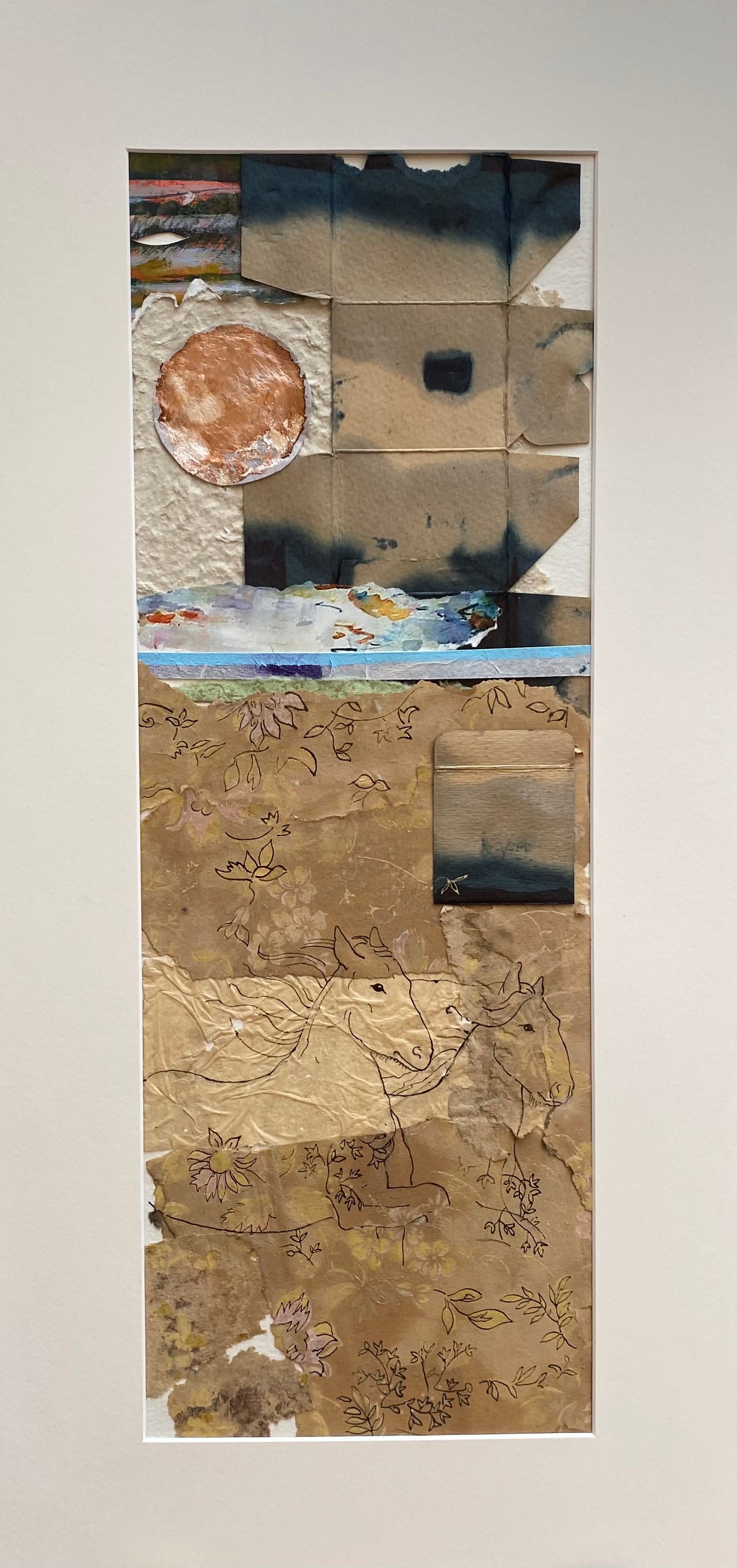 This is a mixed media painting using collage made from old wallpaper and 'found' ink bottle packaging. Drawn over the background is a pen and ink drawing of horses galloping.