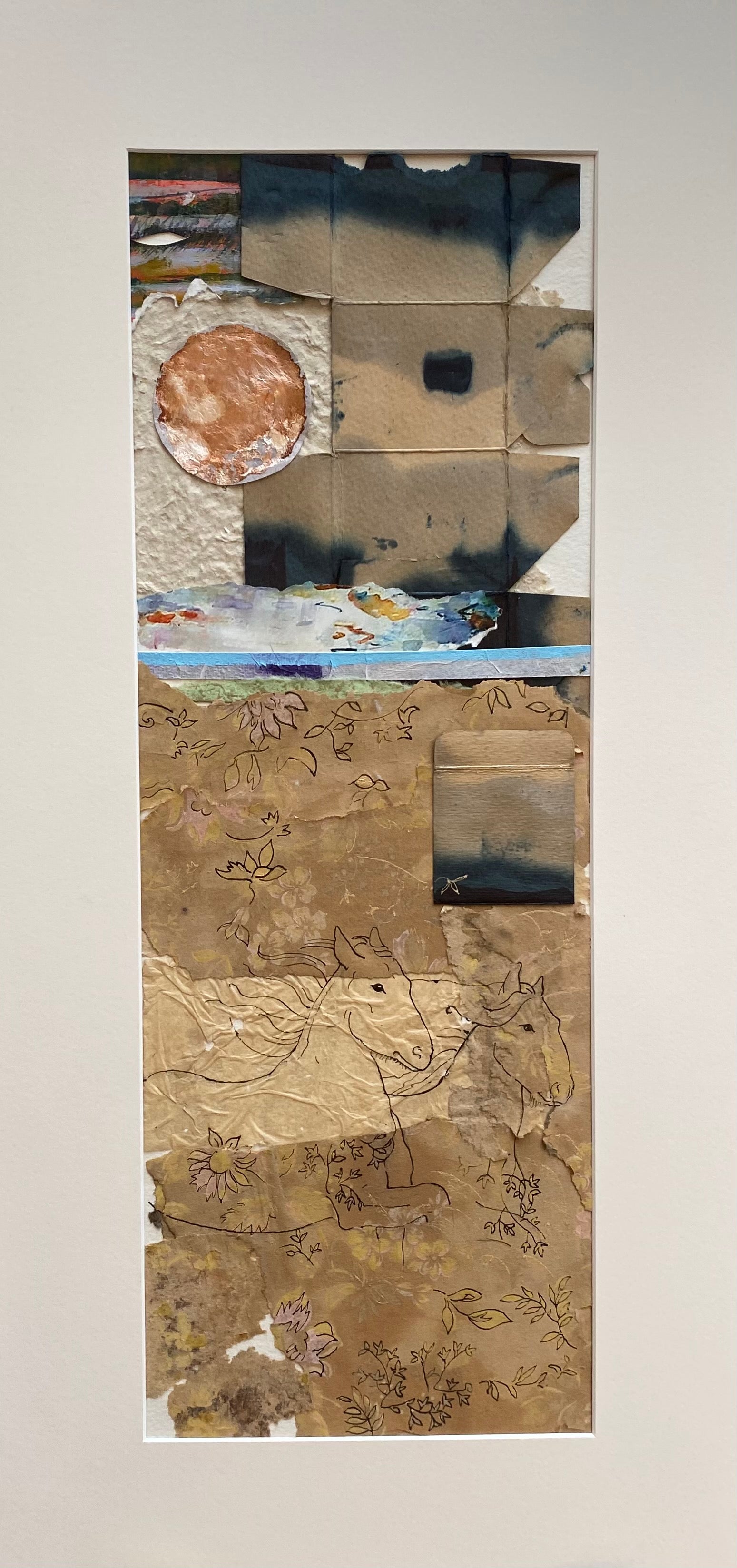 This is a mixed media painting using collage made from old wallpaper and 'found' ink bottle packaging. Drawn over the background is a pen and ink drawing of horses galloping.