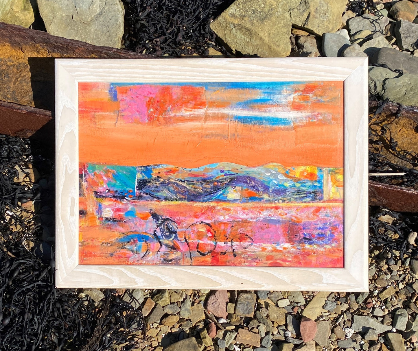 Original painting framed/Orange and red abstract sunset