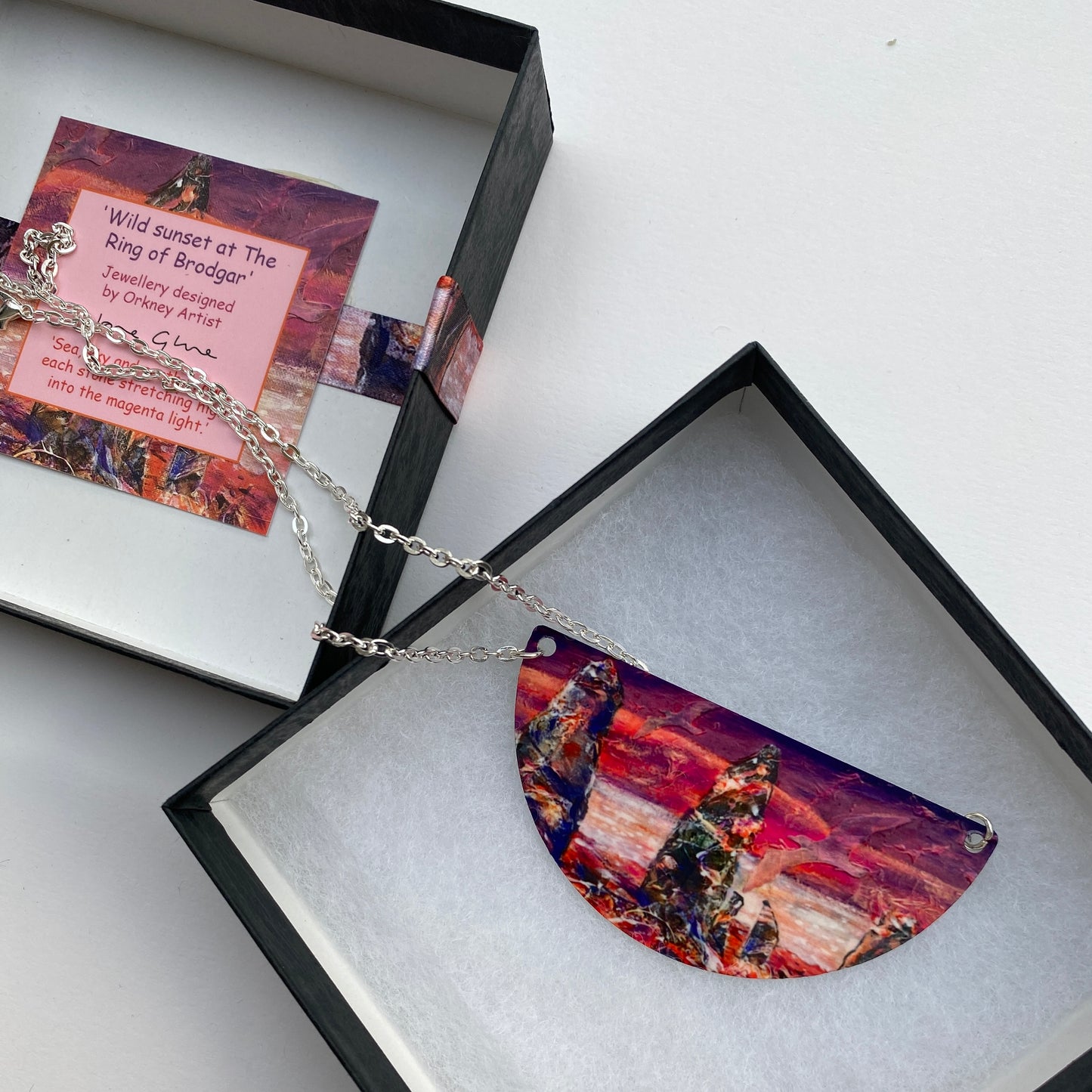 A pendant necklace design, Wild sunset at THe Ring of Brodgar by Orkney artist Jane Glue, Scotland