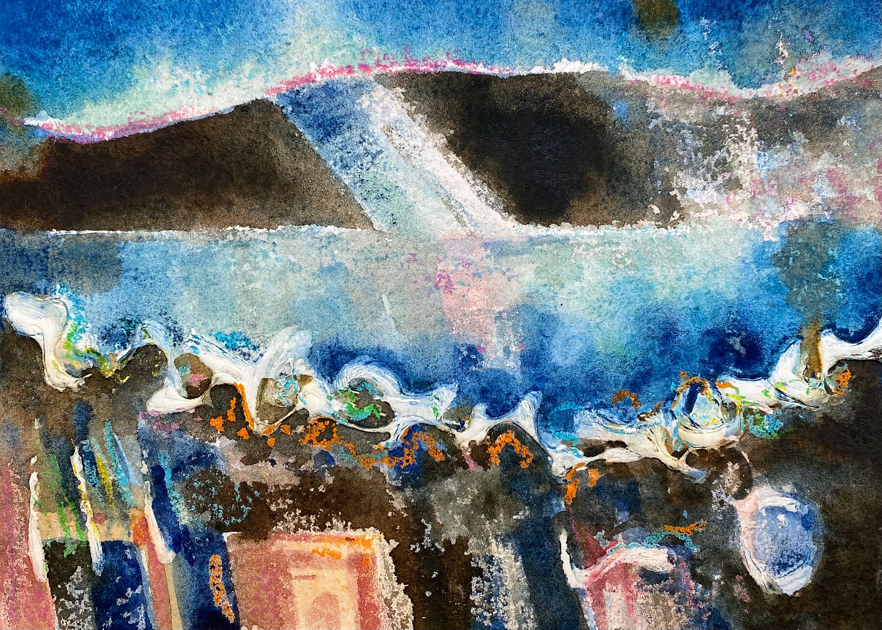 An abstract landscape picture by artist Jane Glue from Orkney, Scotland using mixed media such as watercolours, gesso, collage and crayons.