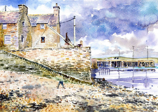 A print from a watercolour painting by Orkney artist Jane Glue, Scotland of old houses and piers along the Stromness shoreline