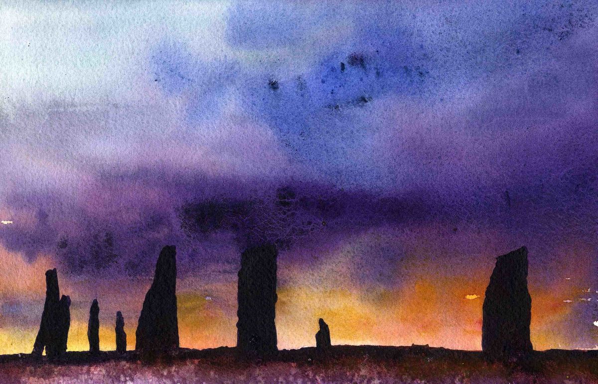 A print taken from a watercolour painting of a sunset at The Ring of Brodgar by Orkney artist Jane Glue, Scotland