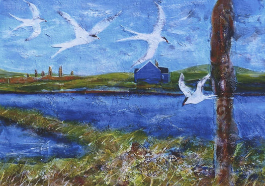 A print of a mixed media painting of Stenness loch with the watch stone, a little blue house and the Ring of Brodgar in the background and a flock of terns in the sky above by artist Jane Glue from Orkney, Scotland.