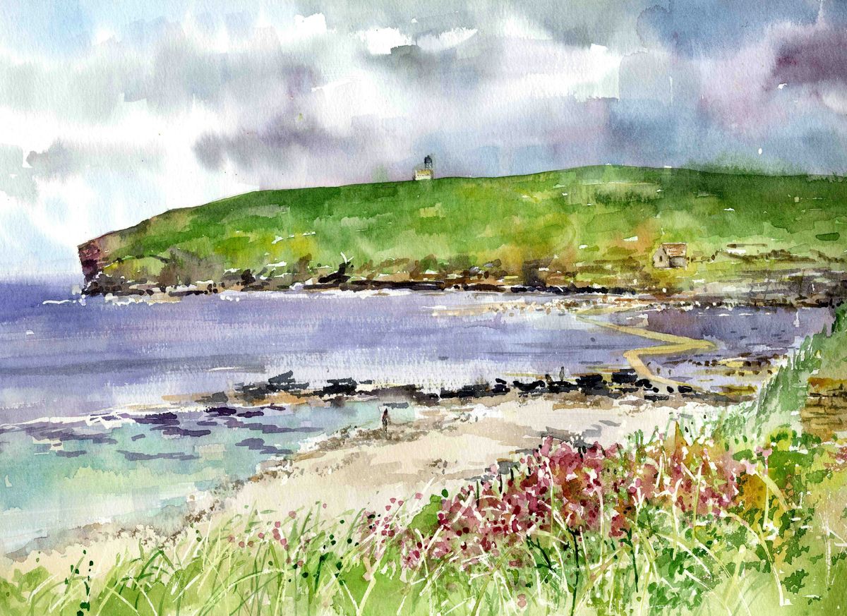 A print from a watercolour painting of The Brough of Birsay by Orkney artist Jane Glue, Scotland