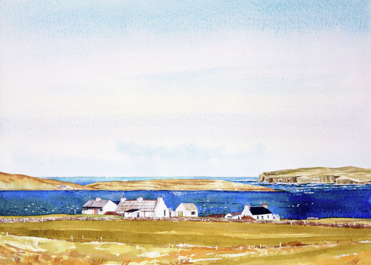 A print taken from a watercolour painting of white cottages against a bright blue sea near the island of Eynhallow in Evie by Orkney artist Jane Glue, Scotland