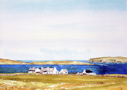 A print taken from a watercolour painting of white cottages against a bright blue sea near the island of Eynhallow in Evie by Orkney artist Jane Glue, Scotland