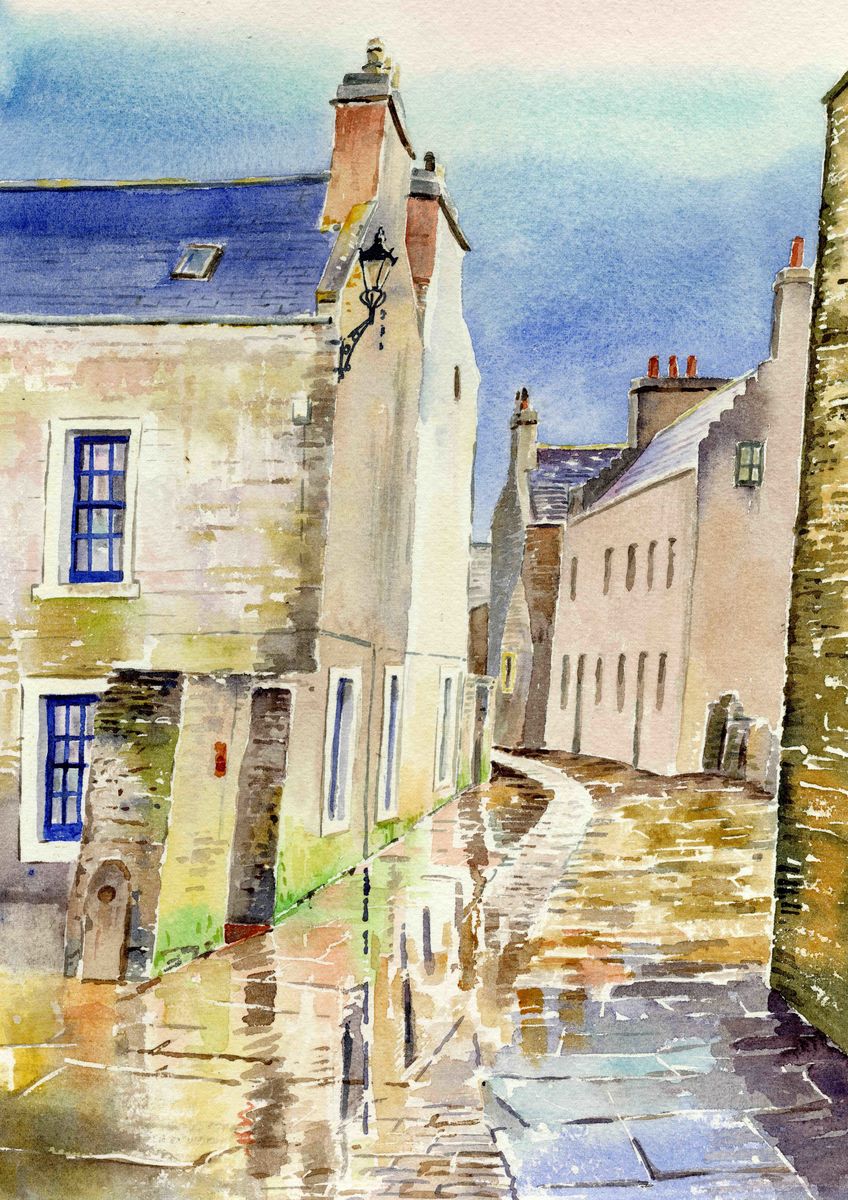 A print from a watercolour painting of a Stromness street in the rain by Orkney artist Jane Glue, Scotland