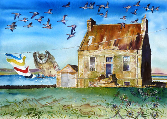 A print from a watercolour painting of Dr John Rae's birthplace, Clestrain in Stenness, Orkney by Orkney artist Jane Glue, Scotland
