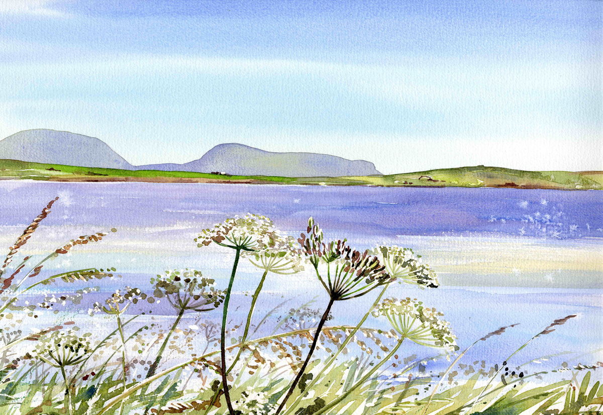 A print from a watercolour painting of Stenness loch and The Hoy Hills on a summers day in Orkney by Orkney  artist Jane Glue, Scotland