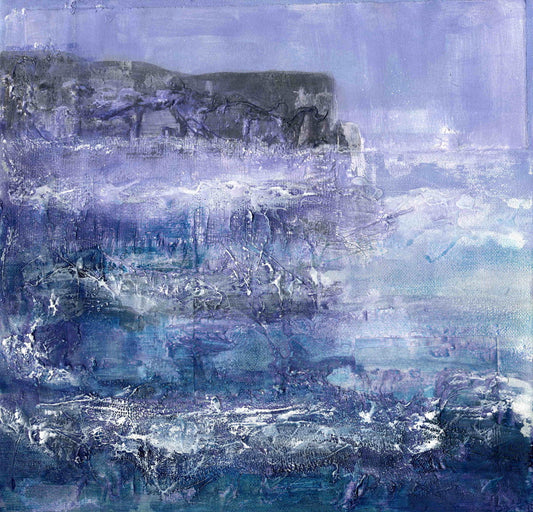 A print from an original mixed media painting on canvas in blue and purple colours showing Marwick Head cliffs with a wild sea by artist Jane Glue from Orkney, Scotland.